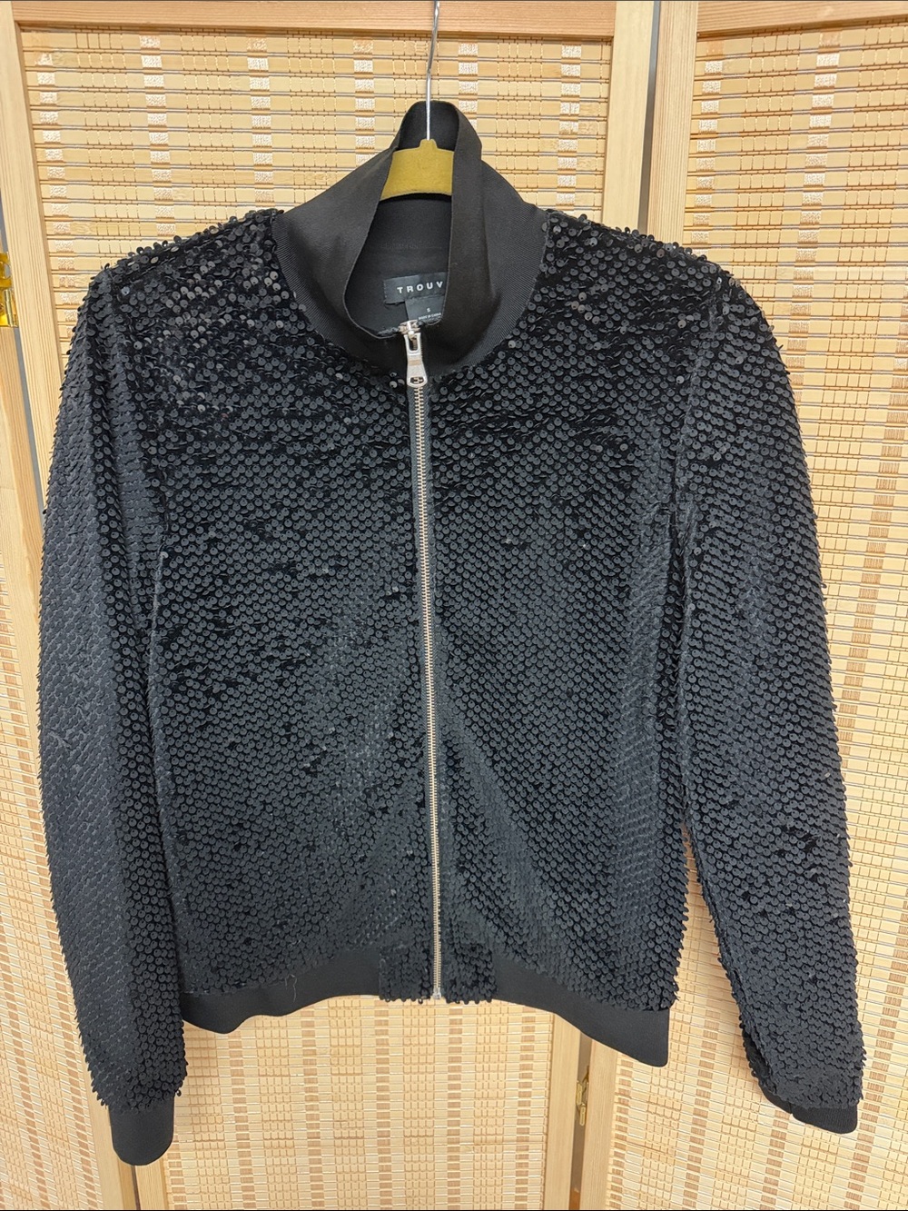 Trouve Black Sequin-Textured Bomber Jacket